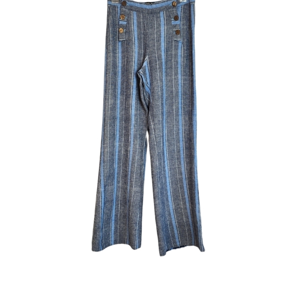 Indigo Rein Blue Striped Linen High Waist Flat Front Distressed Hem Pants Size 7